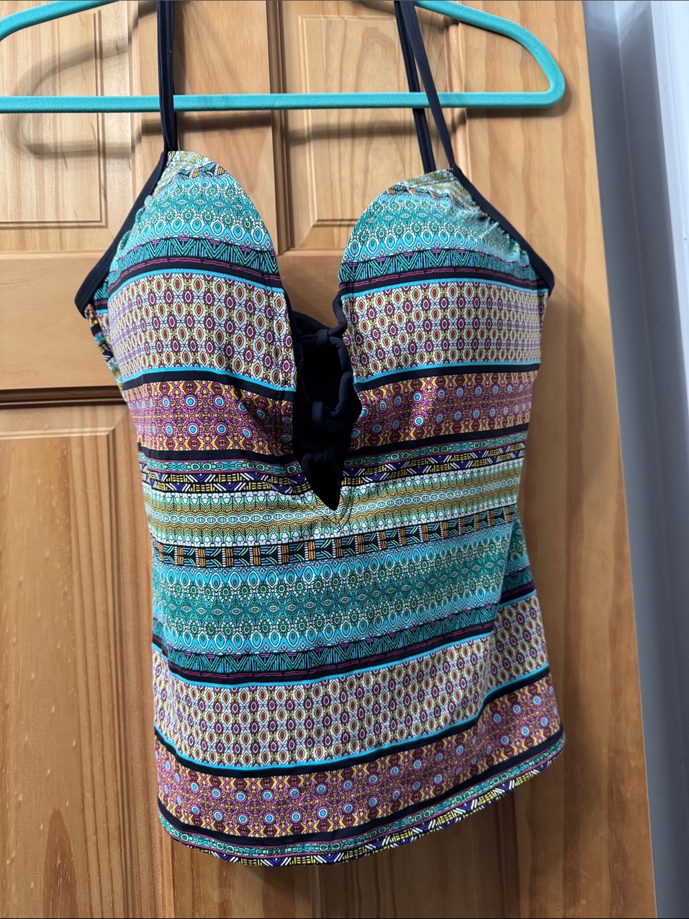 Bleu Rod Beattie Teal Multi‑Stripe Swim Camisole with Black Trim